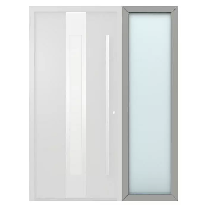 Gerda Seitenteil Thermo Prime - 60 x 210 cm, Grau, Sandgestrahlt - Hohes, hellgraues Türpaneel mit schmalem, vertikalem, hellblau-grauem transluzentem Glaseinsatz.