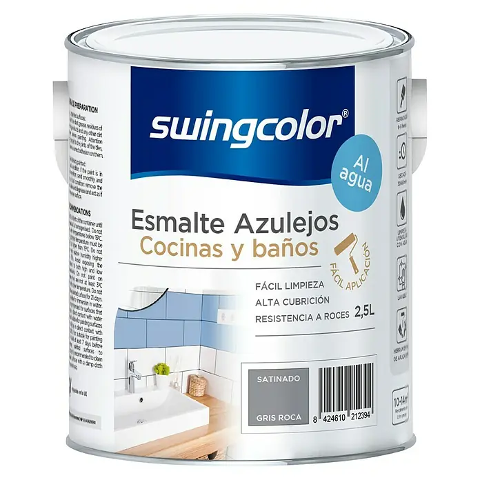 swingcolor Esmalte para azulejos Cocinas y baños - Gris roca, 2,5 l, Satinado - Bote de pintura para azulejos Swingcolor, apto para cocinas y baños. 2,5L, color Gris Roca, para una fácil limpieza y alta cubrición.