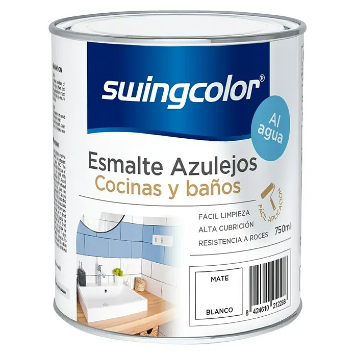 swingcolor Esmalte para azulejos Cocinas y baños - Blanco, 750 ml, Mate - Bote de pintura para azulejos Swingcolor, ideal para cocina y baño, al agua, fácil limpieza y alta cubrición en blanco mate.