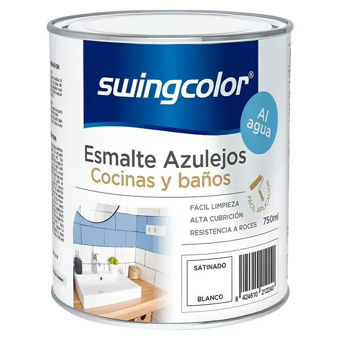 swingcolor Esmalte para azulejos Cocinas y baños - Blanco, 750 ml, Satinado - Bote de pintura para azulejos Swingcolor, apto para cocinas y baños, color blanco, 750ml, para una fácil limpieza y alta cubrición, resistente a roces.