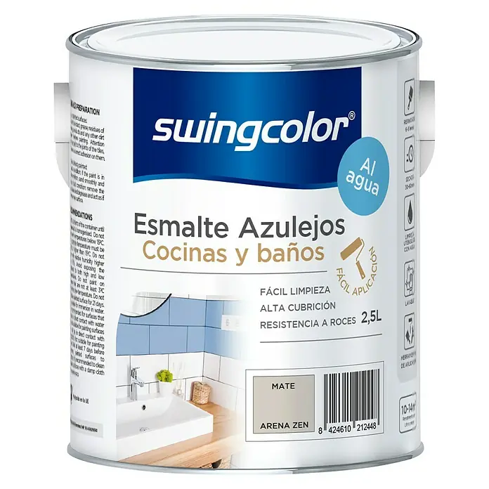 swingcolor Esmalte para azulejos Cocinas y baños - Arena zen, 2,5 l, Mate - Bote de pintura para azulejos Swingcolor "Arena Zen" para cocina y baño, 2,5L. Base agua, alta cubrición y fácil de limpiar.