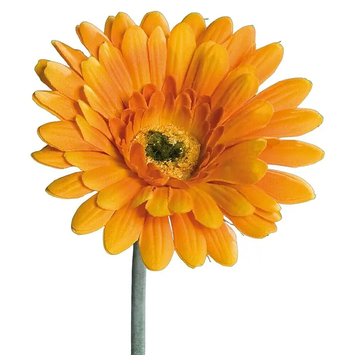 Kunstblume GerberaOrange, 56 cm - Nahaufnahme einer einzelnen, orangefarbenen Gerbera-Blume mit einem grünen Zentrum und einem dünnen, grauen Stiel vor schwarzem Hintergrund.