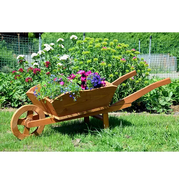 Dobar Pflanzschubkarre - 130 x 40 x 40 cm, Braun, Massivholz - Dekorative Holzschubkarre bepflanzt mit bunten Blumen im Garten. Perfekt als Blickfang und zur stilvollen Präsentation von Pflanzen im Außenbereich.