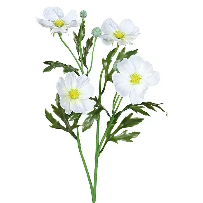 Kunstblume Cosmea - 55 cm, Cream, Kunststoff - Realistische künstliche weiße Blumen mit grünen Stielen, Blättern und Knospen, mit hellgrünen Mitten.