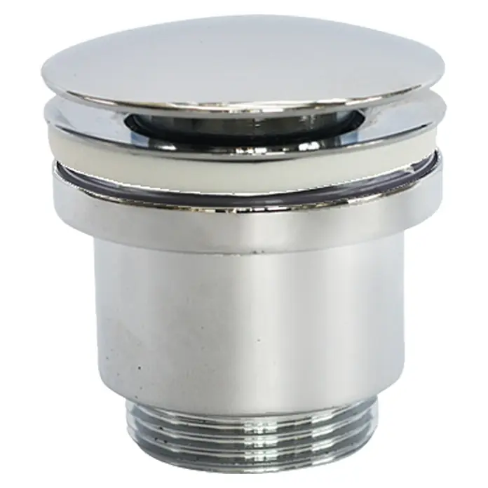 Tecnoagua Válvula click clack lavabo/bidé - 1¼'', Cromo - Primer plano de un tapón de lavabo cromado con rosca, ideal para baños modernos.