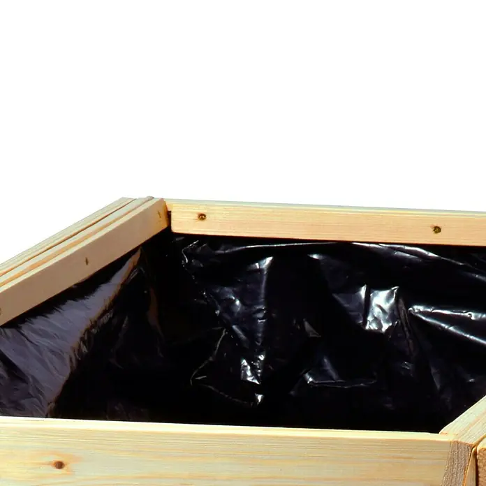 Dobar Hochbeet XL - 100 x 45 x 60 cm, Holz, Natur - Nahaufnahme eines hölzernen Hochbeets, ausgekleidet mit schwarzer Folie, ideal für Gartenprojekte.