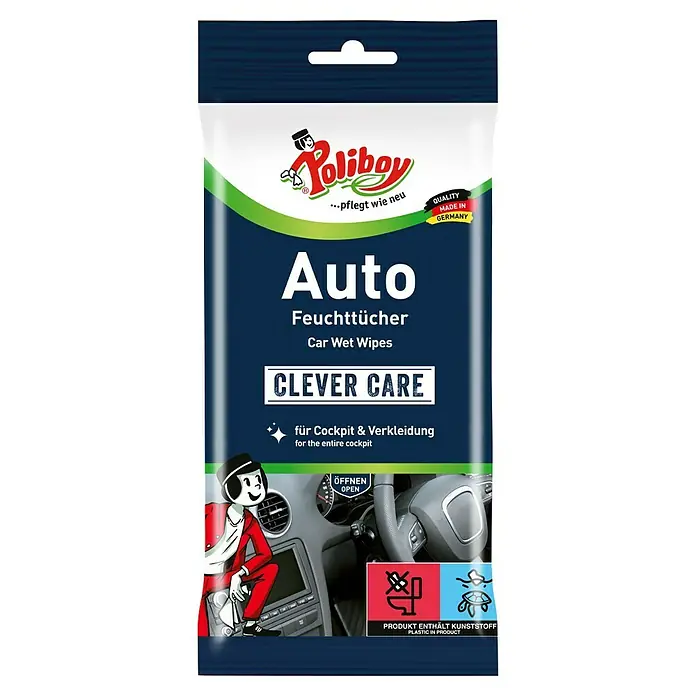 Poliboy Feuchttücher Auto - 20 Stk. - Abbildung einer Packung Poliboy Auto Feuchttücher mit dem Hinweis "Clever Care" zur Reinigung von Cockpit und Verkleidung im Auto.
