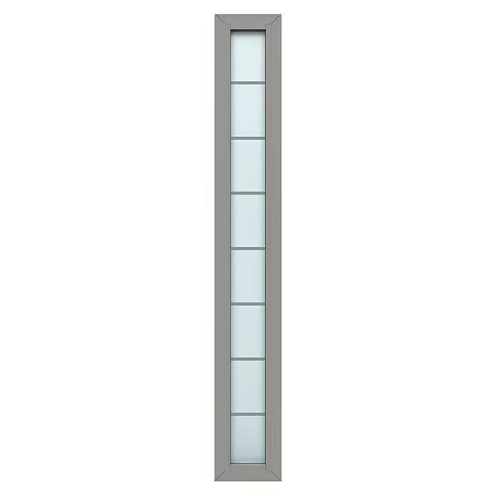 Gerda Seitenteil Thermo Prime - 30 x 210 cm, Grau, Sandgestrahlt mit 7 Klarstreifen - Graue Tür mit mehreren satinierten Glasscheiben, getrennt durch horizontale graue Leisten.