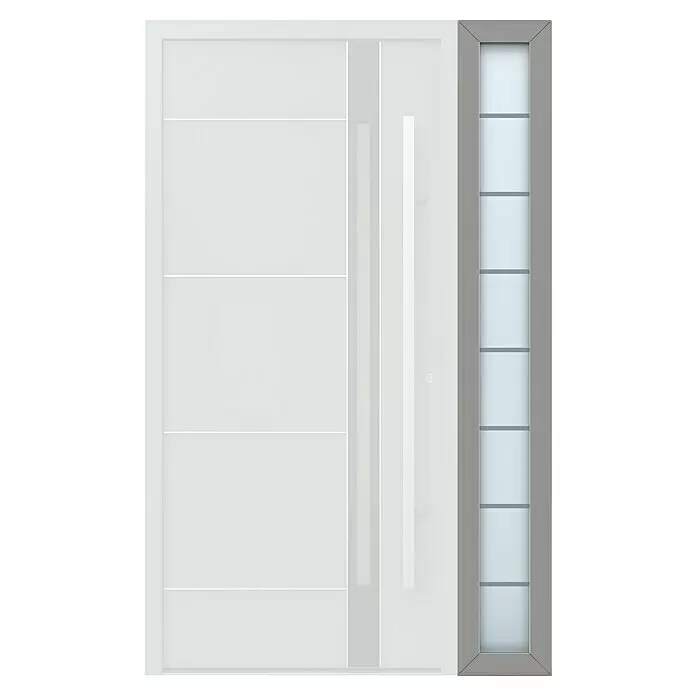 Gerda Seitenteil Thermo Prime - 30 x 210 cm, Grau, Sandgestrahlt mit 7 Klarstreifen - Grau gerahmte Glastür mit schmalem, satiniertem Paneel in mehreren Abschnitten.