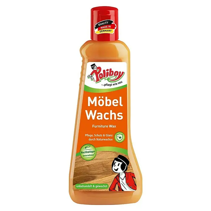 Poliboy Möbelwachs - 200 ml, Flasche - Abbildung einer Flasche Poliboy Möbelwachs. Möbelpflege mit natürlichen Wachsen für Pflege, Schutz und Glanz. Qualität aus Deutschland.