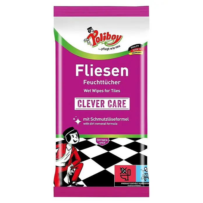 Poliboy Feuchttücher Fliesen - 15 Stk. - Abbildung einer Packung Poliboy Feuchttücher für Fliesen mit dem Hinweis "Clever Care" und dem Qualitätsversprechen "Made in Germany".