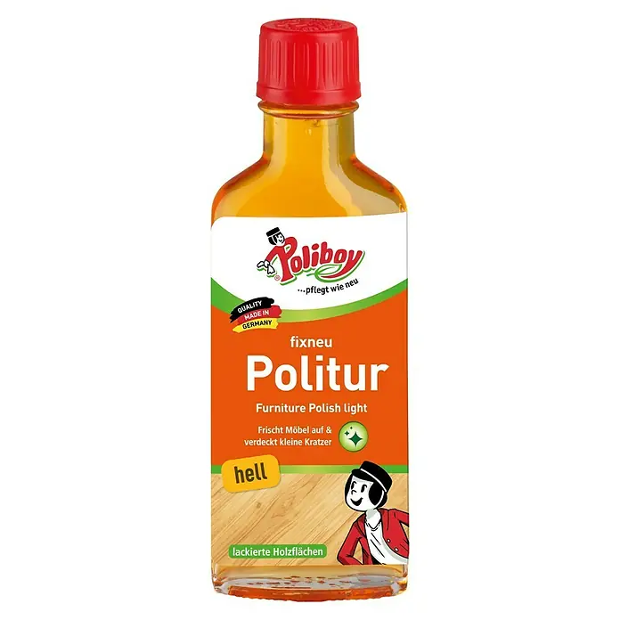Poliboy Möbelpolitur - Hell, 100 ml - Eine Flasche Poliboy Möbelpolitur hell, ideal für die Pflege und den Schutz von lackierten Holzoberflächen.