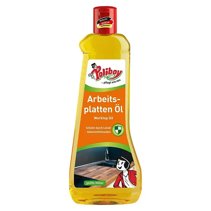 Poliboy Arbeitsplattenöl - Transparent, 500 ml - Flasche Poliboy Arbeitsplattenöl, ein Produkt zur Pflege und zum Schutz von Arbeitsplatten.
