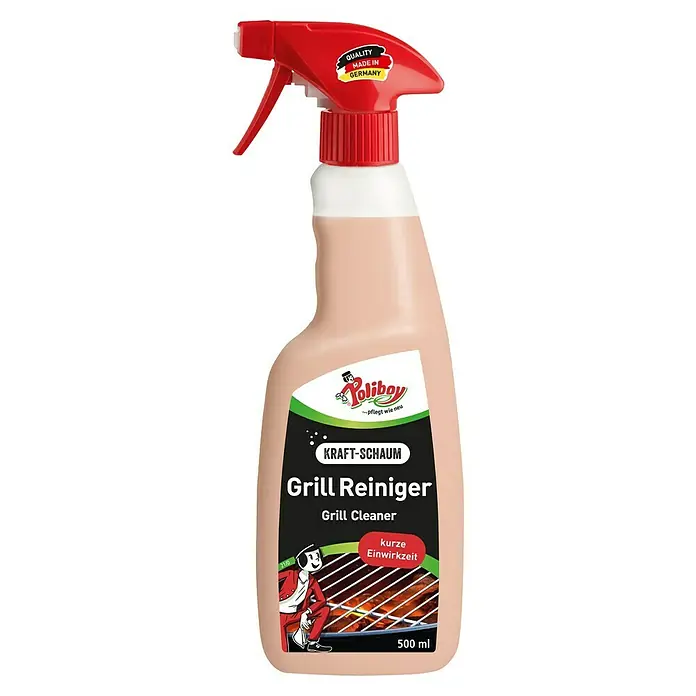 Poliboy Grillreiniger - 500 ml, Flasche mit Sprühkopf - Das Bild zeigt eine Sprühflasche Poliboy Grill Reiniger, ein deutsches Qualitätsprodukt zur Reinigung von Grillrosten.