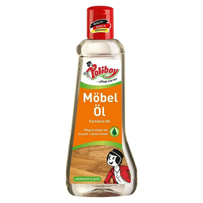 Poliboy Möbel-Öl - 200 ml - Poliboy Möbelöl Flasche. Das Öl pflegt und schützt unbehandelte und geölte Möbel mit Sesamöl, hergestellt in Deutschland.