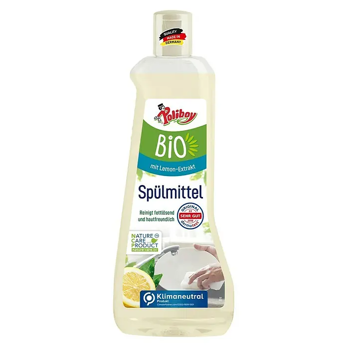 Poliboy Bio Spülmittel mit Lemon-Extrakt - 500 ml, Flasche - Abbildung einer Flasche Poliboy Bio Spülmittel mit Zitronenextrakt, bekannt für seine fettlösende und hautfreundliche Formel.