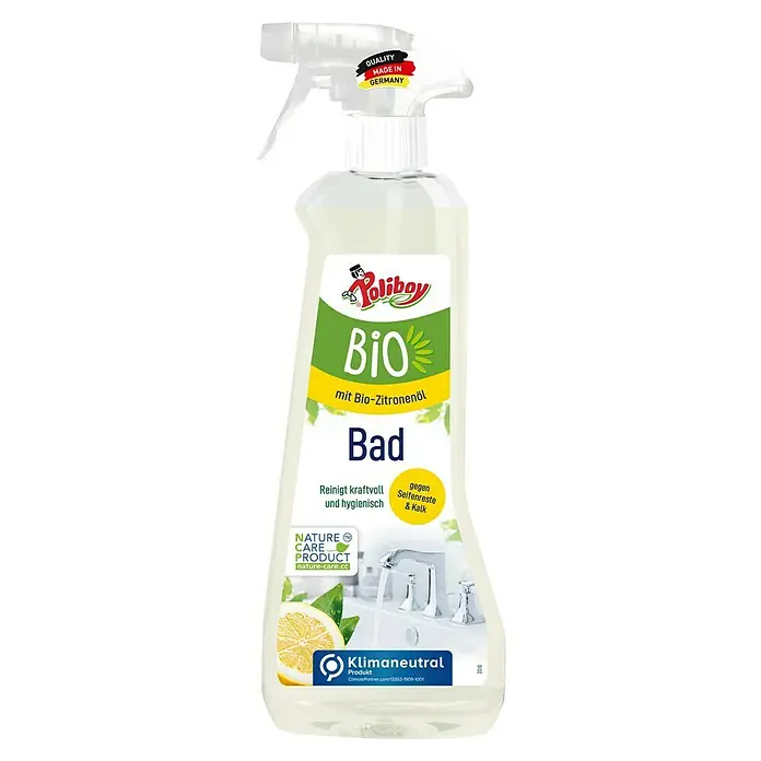 Poliboy Bio Dusche- & Badreiniger - 500 ml, Flasche mit Sprühkopf - Bild einer Sprühflasche Poliboy Bio Bad mit Bio-Zitronenöl, die kraftvoll reinigt und gegen Seifenreste wirkt.