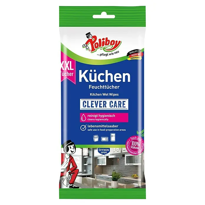 Poliboy Feuchttücher Küche XXL - 24 Stk. - Bild einer Packung Poliboy Küchen Feuchttücher XXL, die für die sichere Verwendung in der Küche und hygienische Reinigung gedacht sind.