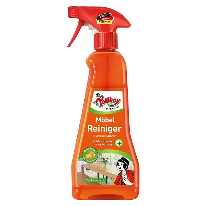 Poliboy Intensivreiniger Möbelpflege - 375 ml, Flasche mit Sprühkopf - Sprühflasche Poliboy Möbelreiniger, ideal für alle Holzarten. Reinigt schonend und ist angereichert mit natürlichem Orangenöl für den frischen Duft.