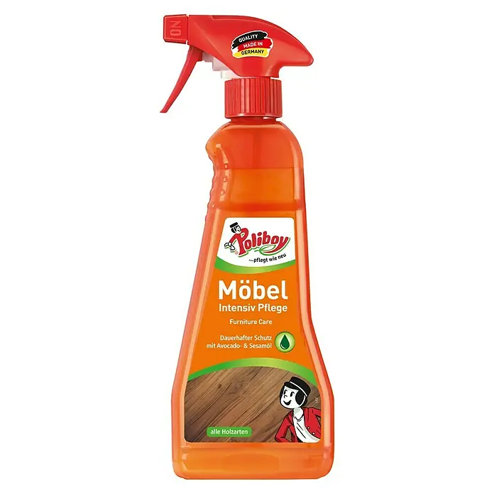Poliboy Möbelpflege Intensiv - 375 ml, Flasche mit Sprühkopf - Abbildung einer Poliboy Möbel Intensiv Pflege Sprühflasche, ideal für die Möbelpflege und den Schutz aller Holzarten.