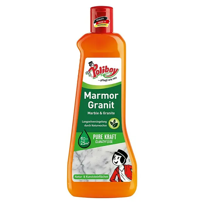 Poliboy Pflegemittel Marmor Granit Pflege - 500 ml, Flasche - Abbildung einer Flasche Poliboy Marmor & Granit Glanzpflege für Natur- & Kunststeinflächen, hergestellt in Deutschland.