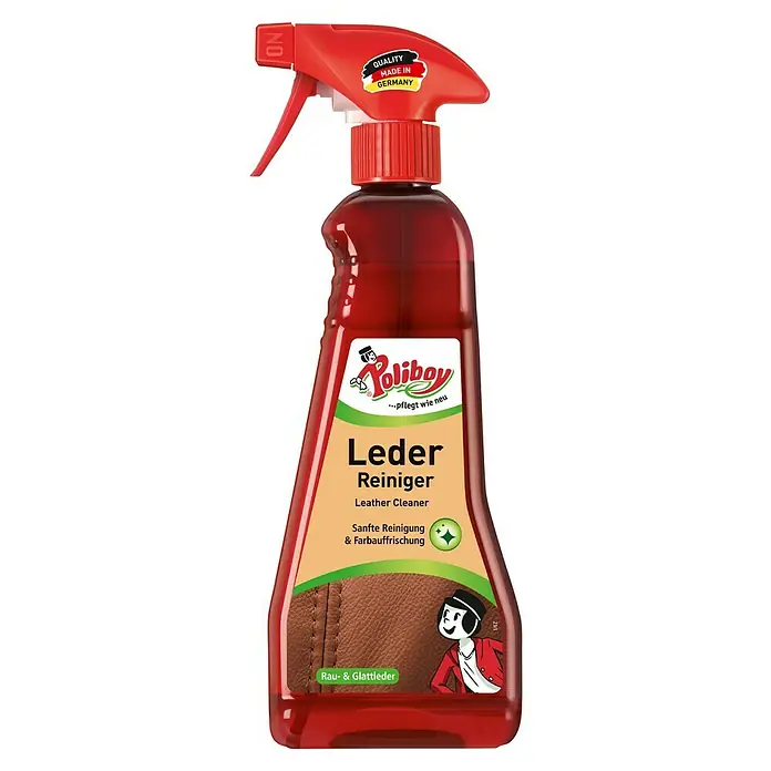 Poliboy Reinigungsmittel Leder - 375 ml, Flasche mit Sprühkopf - Abbildung einer Flasche Poliboy Lederreiniger. Der Reiniger eignet sich zur sanften Reinigung und Farbauffrischung von Glattleder.
