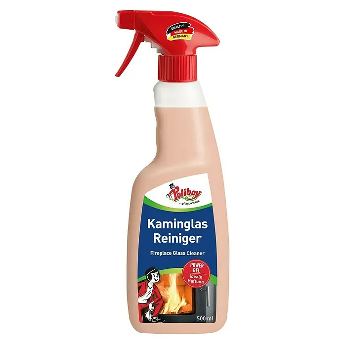 Poliboy Kamin- & Ofenglasreiniger - 500 ml, Flasche mit Sprühkopf - Abbildung einer Sprühflasche Kaminglas Reiniger von Poliboy mit Qualitätszeichen "Made in Germany".
