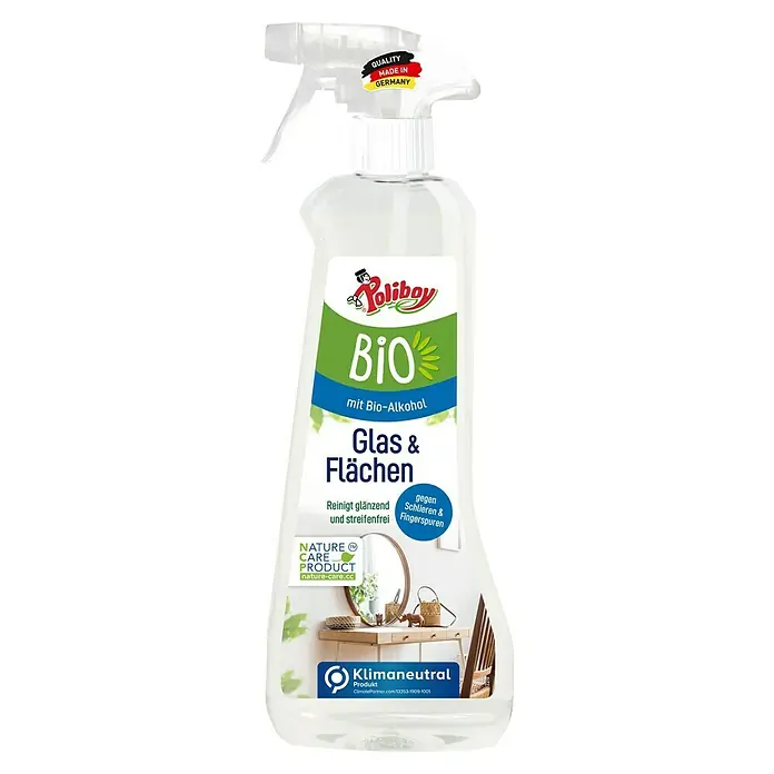 Poliboy Bio Glasreiniger - 500 ml, Flasche mit Sprühkopf - Abbildung einer Sprühflasche Poliboy Bio Glas- und Flächenreiniger mit dem Qualitätszeichen "Made in Germany".