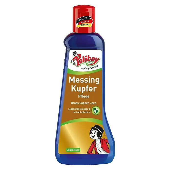 Poliboy Pflegemittel Messing und Kupfer - 200 ml, Flasche - Abbildung einer Flasche Poliboy Messing Kupfer Pflege, ein Produkt zur Reinigung und Pflege von Messing und Kupfer.