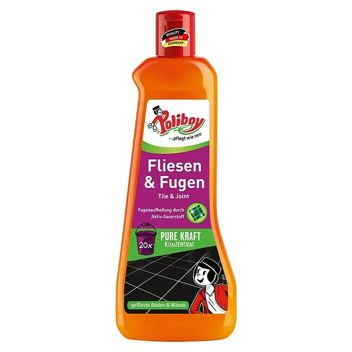 Poliboy Konzentrat Fliesen & Fugen - 500 ml - Abbildung einer Flasche Poliboy Fliesen & Fugen Reiniger, ein Reinigungsmittel zur Reinigung von Fliesen und Fugen.