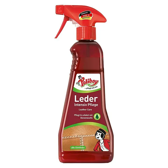 Poliboy Lederpflege Intensiv - 375 ml, Flasche mit Sprühkopf - Lederpflege von Poliboy. Intensivpflege mit Bienenwachs für alle Glattleder, hergestellt in Deutschland für höchste Qualität.