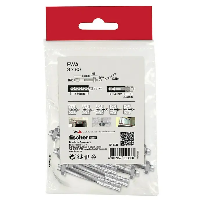 Fischer Perno de anclaje para cargas pesadas FWA - Ø x L: 8 x 80 mm, 16 ud. - Imagen de un paquete de anclajes Fischer FWA 8 x 80, ideales para fijaciones pesadas en hormigón.