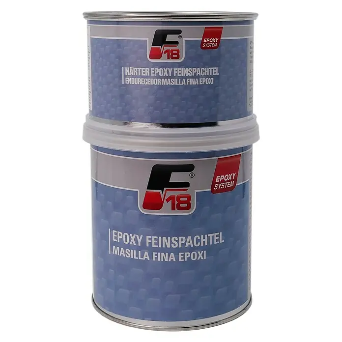 F18 Feinspachtel Epoxy System - 2 kg, Lösemittelbasiert - Zwei Dosen F18 Epoxid Feinspachtel, gestapelt, zur Verwendung im System, ideal für feine Oberflächenreparaturen und -veredelungen.