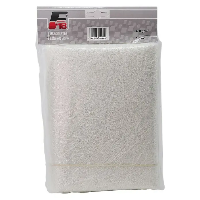 F18 Glasfaser-Gewebe - 450 g/m² - Eingepackte Glasfasermatte mit Etikett, 450 g/m², ideal für Reparaturen und Verstärkungen im Modellbau oder bei Booten.