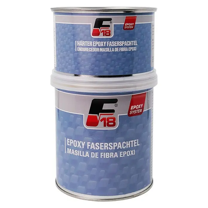 F18 Faserspachtel - 2 kg, Lösemittelbasiert - Zwei Dosen F18 Epoxid Faserspachtel, ein 2-Komponenten-System zur Reparatur von GFK- und CFK-Teilen mit hoher Festigkeit und Flexibilität.