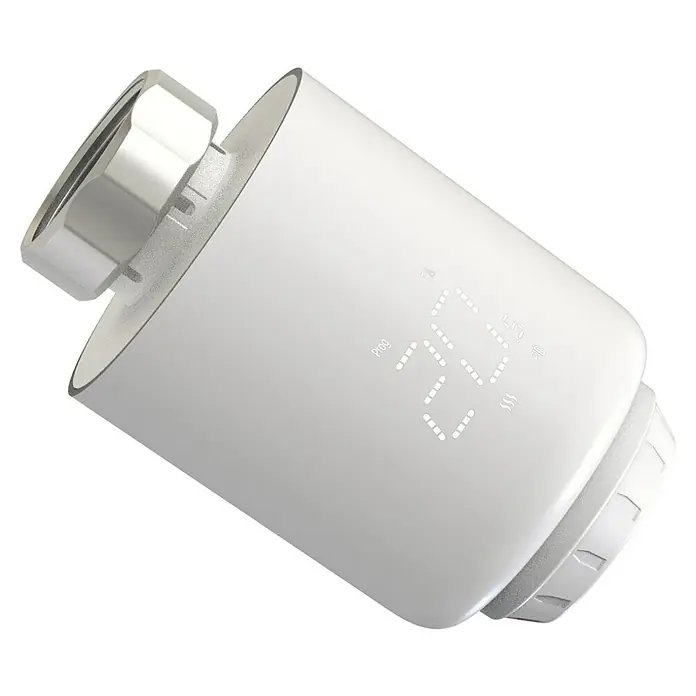 Thermostatkopf - Weiß, Manuell - Nahaufnahme eines intelligenten Heizkörperthermostats mit digitaler Anzeige.