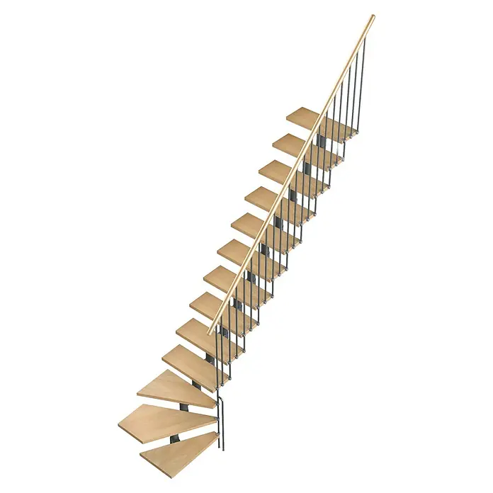 Sogem Escalera principal Eureka - Haya, Ancho: 74 cm, 1/4 espiral derecha - Escalera de madera con barandilla de acero y madera clara, ideal para una casa moderna. La escalera combina estilo y función.