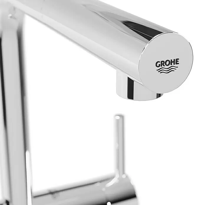 Grohe Spültischarmatur Minta - L-Auslauf, Chrom, Glänzend, Ausziehbar - Glänzende Chromarmatur mit GROHE Logo.