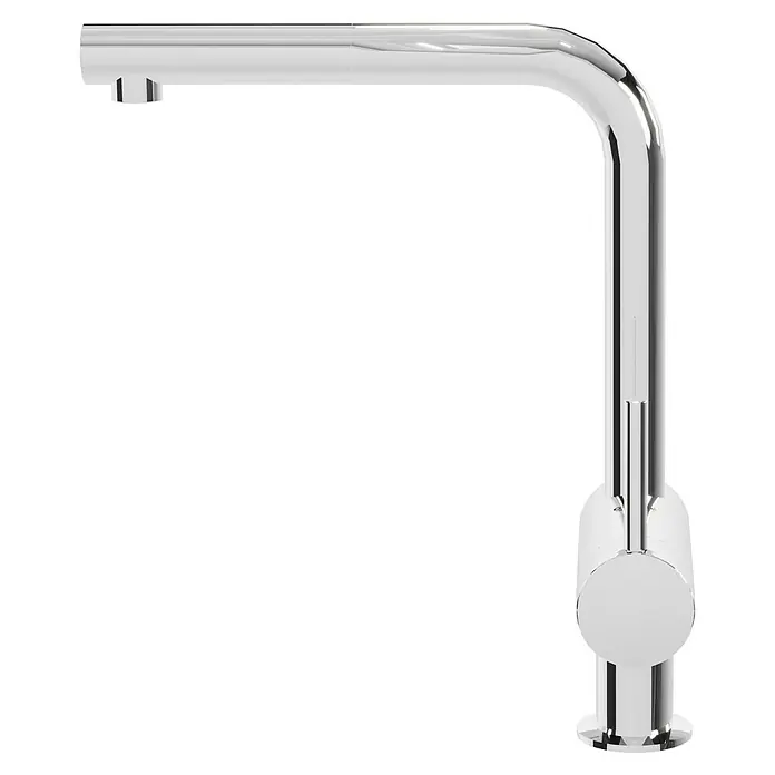 Grohe Spültischarmatur Minta - L-Auslauf, Chrom, Glänzend, Ausziehbar - Ein glänzender, verchromter Wasserhahn in L-Form vor schwarzem Hintergrund. Der minimalistische Armatur ist funktional und modern.