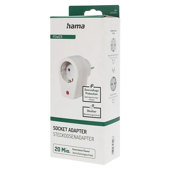 Hama Überspannungsadapter Steckdosenadapter - 250 V - Produktverpackung eines Hama Steckdosenadapters mit Überspannungsschutz und Kindersicherung.