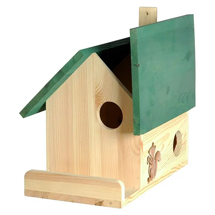 Dobar Eichhörnchenkobel - 41 x 31 x 37 cm, Mit Terrasse - Das detailreiche Holz-Vogelhaus mit grüner Bedachung bietet gefiederten Freunden ein gemütliches Zuhause.