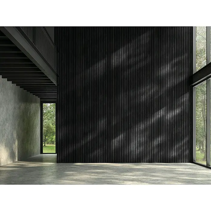 FibroTech Akustikpaneel Proff - Schwarz, Eiche, 3.000 x 605 x 22 mm - Elegantes Interieur mit einer Akzentwand aus dunklem Holzlatten, die dem Raum Textur und Tiefe verleiht. Die minimalistische Ästhetik wird hervorgehoben.