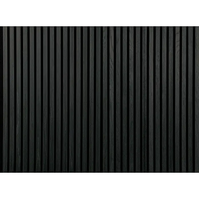 FibroTech Akustikpaneel Proff - Schwarz, Eiche, 3.000 x 605 x 22 mm - Schwarze Holzlamellenwand für modernes Interieur. Die vertikalen Linien erzeugen eine elegante und minimalistische Optik, perfekt für stilvolle Räume.