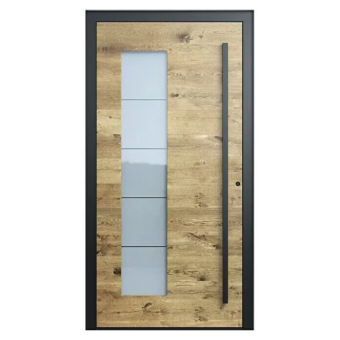 Portofino Blackline Edition Haustür 702PF Nero LA - 110 x 210 cm, DIN Anschlag: Rechts - Moderne Tür mit heller Holzoptik, vertikaler Milchglasscheibe, schwarzem Rahmen und langem schwarzen Griff.