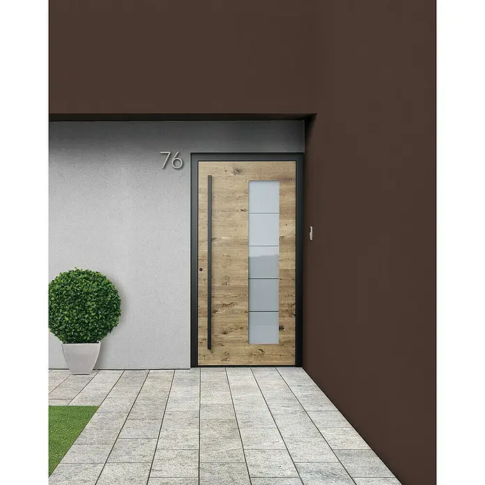 Portofino Blackline Edition Haustür 702PF Nero LA - 110 x 210 cm, DIN Anschlag: Links - Moderne Haustür mit Holzstruktur und Glaseinsatz. Die Tür ist in einem stilvollen Anthrazit gerahmt und mit einer langen Griffstange versehen.
