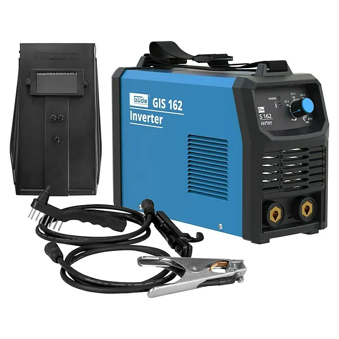 Güde Elektrodenschweißgerät GIS 162 - Schweißstrom: 10 A - 160 A, 230 V - Abbildung eines Güde GIS 162 Inverter Schweißgeräts mit Zubehör.