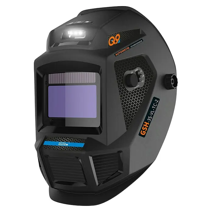Güde Schweißhelm GSH-3S-VL-TC-2 - Internationale Größe: Universal - Abbildung eines Güde Automatik-Schweißhelms Q9 mit Einstellknopf für Verzögerung und Empfindlichkeit.