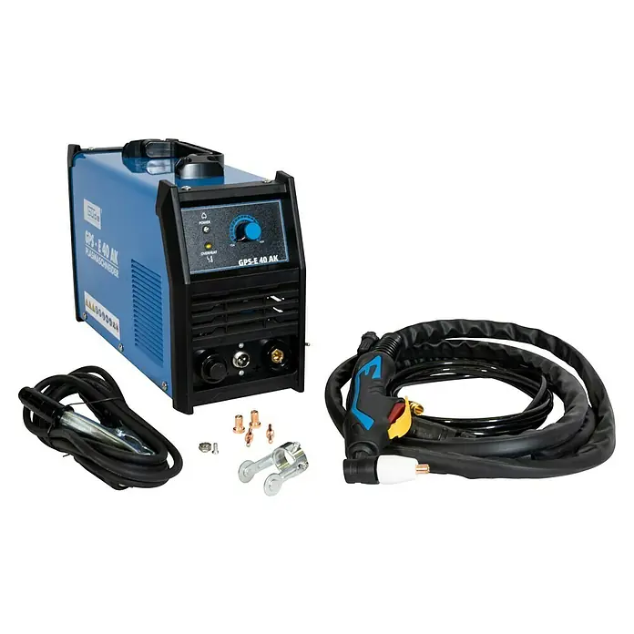 Güde Plasmaschneider GPS-E 40 AK - Schweißstrom: 15 A - 40 A, Max. Schnittstärke: 12 mm, 230 V - Produktabbildung eines Plasmaschneiders GPS-E 40 AK mit Zubehörteilen, ideal für professionelle Schneidanwendungen in Werkstätten.