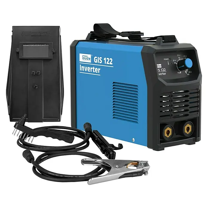 Güde Elektrodenschweißgerät GIS 122 - Schweißstrom: 10 A - 120 A, 230 V - Abbildung eines Güde GIS 122 Inverter Schweißgeräts mit Zubehör, ideal für professionelle Schweißarbeiten.