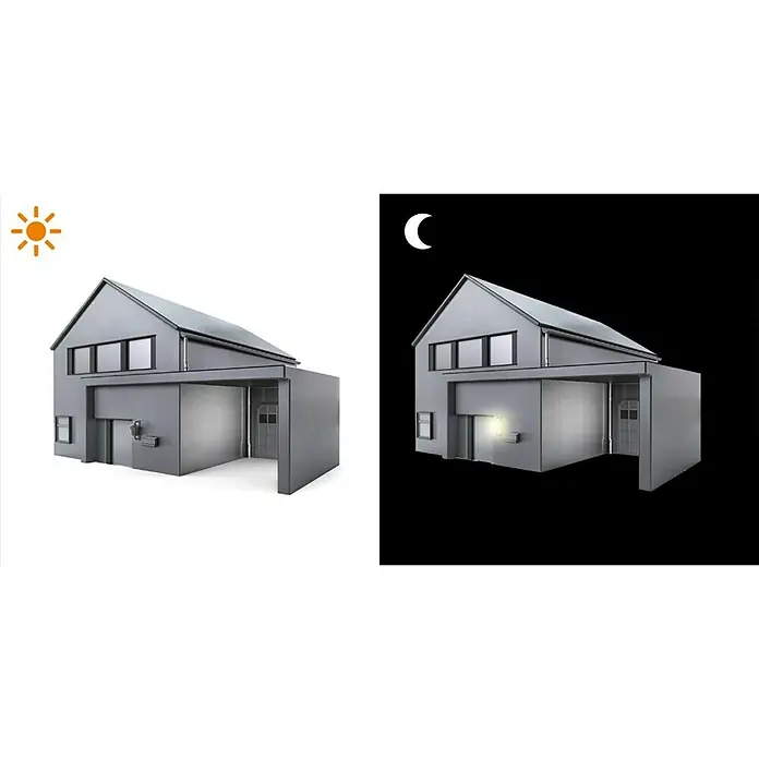 Steinel Dämmerungssensor NightMatic 2000 weiß - Weiß - Das Bild zeigt ein Haus in zwei Beleuchtungsmodi: tagsüber bei Sonnenschein und nachts mit eingeschalteter Außenbeleuchtung.